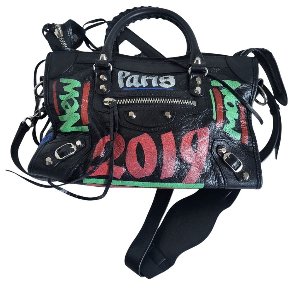 Balenciaga 2019 Small Motocross Classic Graffiti City Bag Black Arena Leather - Picture 2 of 11